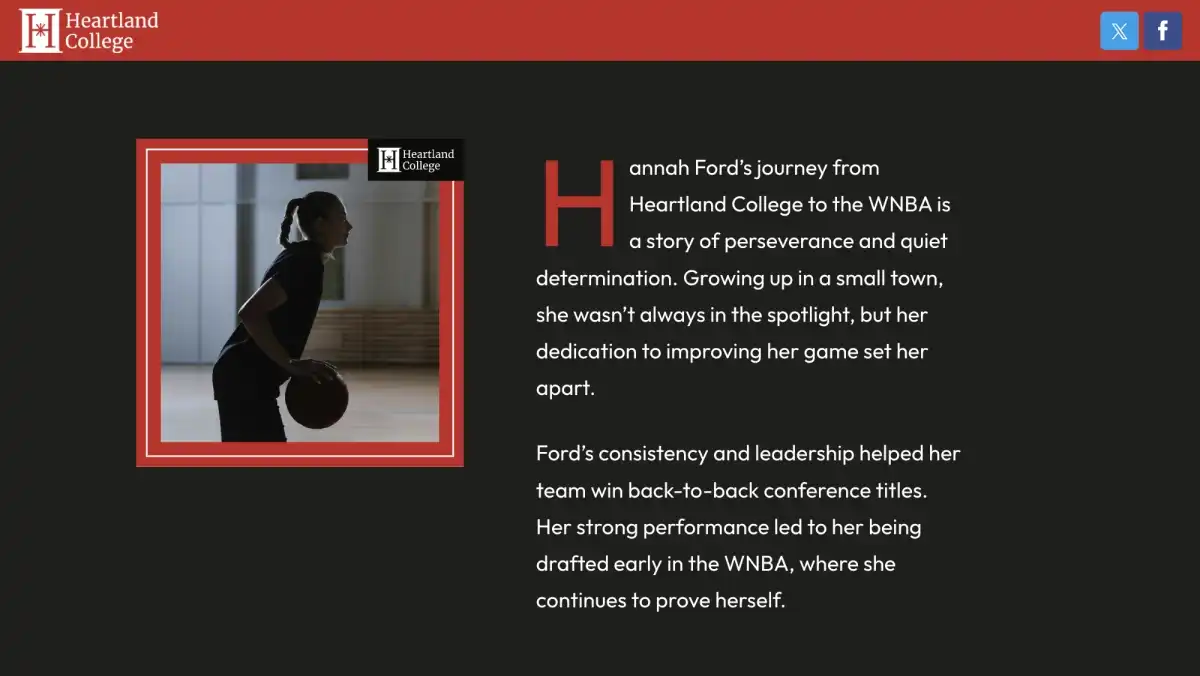 A silhouette of a female basketball player holding a ball in a gym, framed in red with the Heartland College logo. Next to the image is a story about Hannah Ford's journey from college to the WNBA, highlighting her determination and success. This layout is part of a template for building sports profiles that tell athlete success stories.